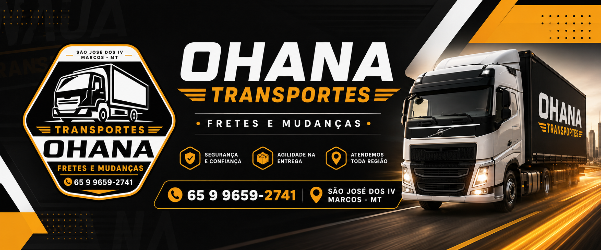 Identidade visual da OHANA Transportes com caminhão na estrada